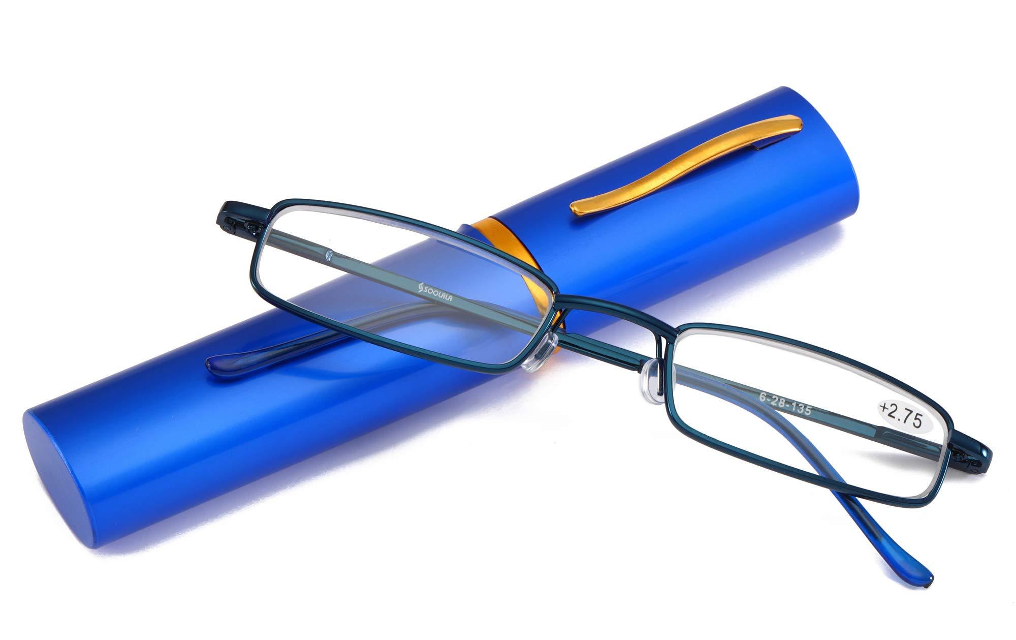 SOOLALA SOOLALA Mens Womens Lightweight Compact Reader Reading Glasses Reader w/Pen Clip Tube Case, Blue, +1.5x