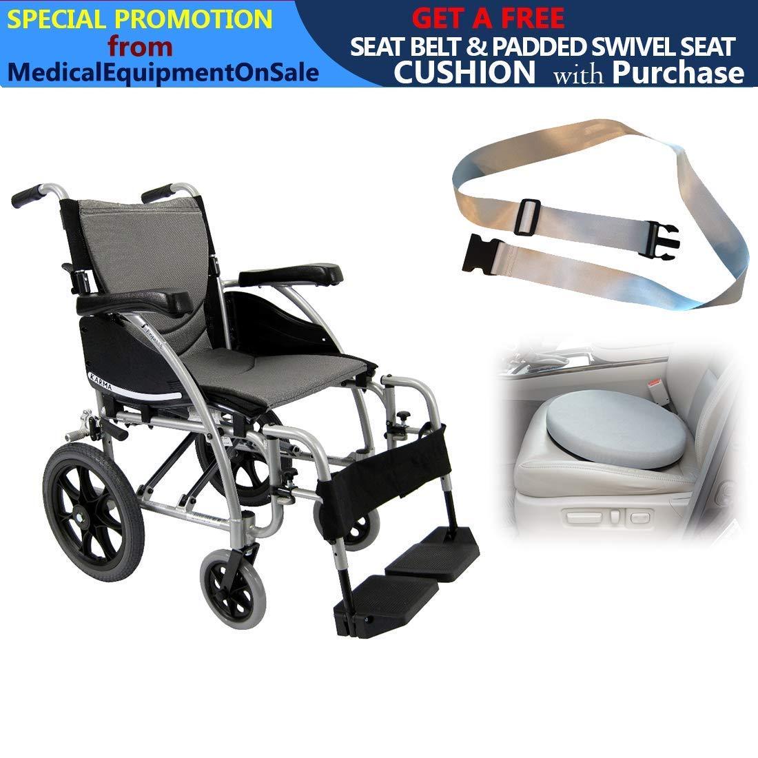Karman Healthcare Karman S-Ergo 115 Ergonomic Transport Wheelchair with Companion Wire Brakes, Swing Away Footrest, 18" Seat Width in Silver & Free Padded Swivel Seat Cushion + Silver Wheelchair Seatbelt!