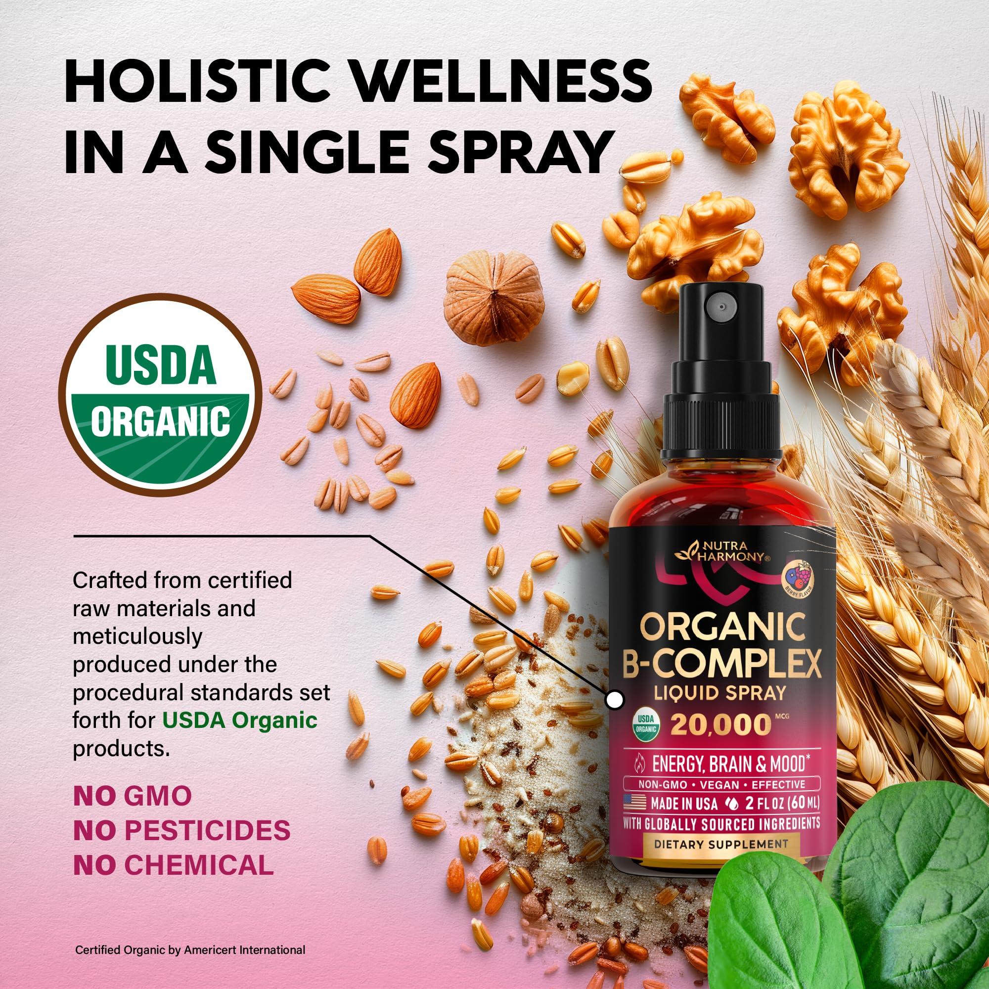 NUTRAHARMONY USDA Organic Vitamin B-Complex Liquid Spray 8-in-1 - B5 Pantothenic Acid | B12 Methylcobalamin | B1 Thiamine | B6 Pyridoxine | B7 Biotin | B9 Folic | B3 Niacinamide - Made in USA Supplement, 2fl oz