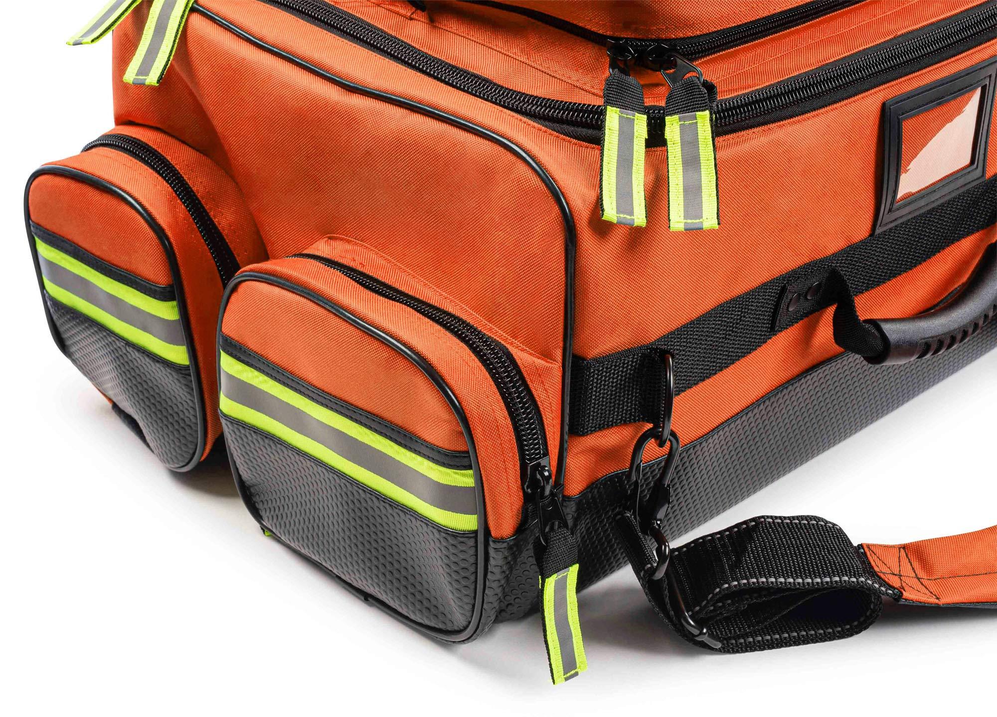 Scherber Scherber Fully Stocked First Responder Ultimate Professional EMT/EMS Trauma Kit | HSA/FSA Approved | w/10+ Compartments, Zippered Pockets, Dividers, Oxygen Access & 260+ First Aid Supplies (Orange)