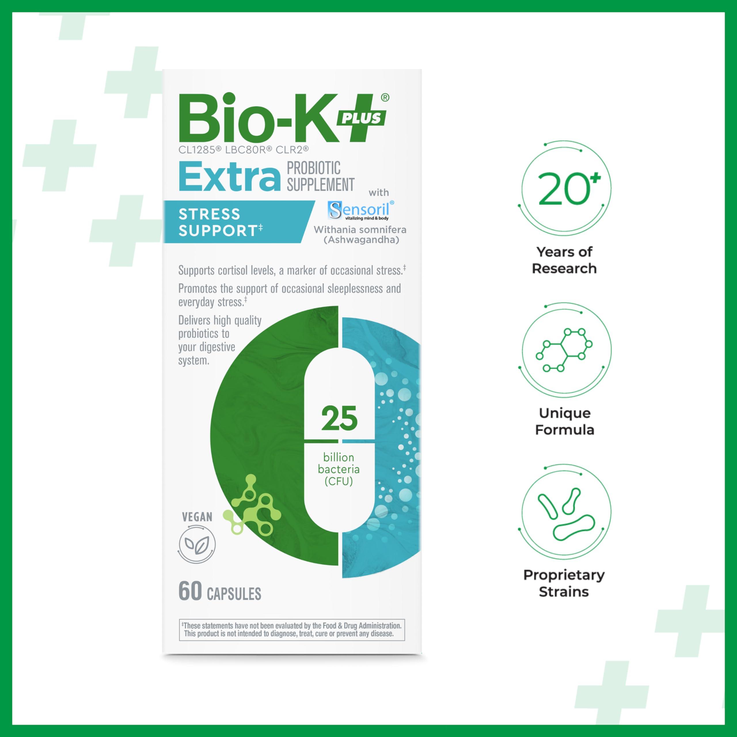 Bio-K Plus Bio K+ Extra Stress Support with Sensoril - Ashwagandha  Vegan Probiotics Supplement for Everyday Stress, Relieving Sleeplessness - 25 Billion CFU 3 Strains  60 Capsules
