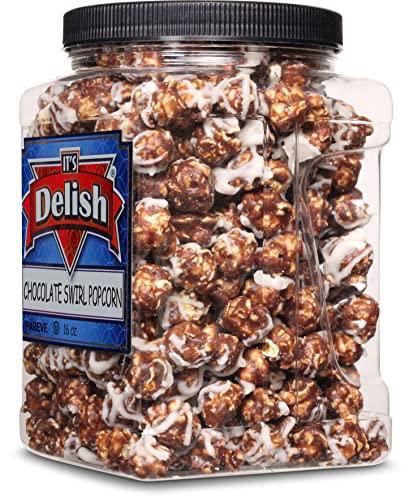 It's Delish Chocolate Swirl Popcorn by Its Delish, 16 Oz (1 Lb) Jumbo Container Bulk Popcorn, Festive Chocolate Air Popped Sweet Crunchy Popcorn with Chocolate Corn Snack, Parties – Gluten Free, Vegan, Kosher