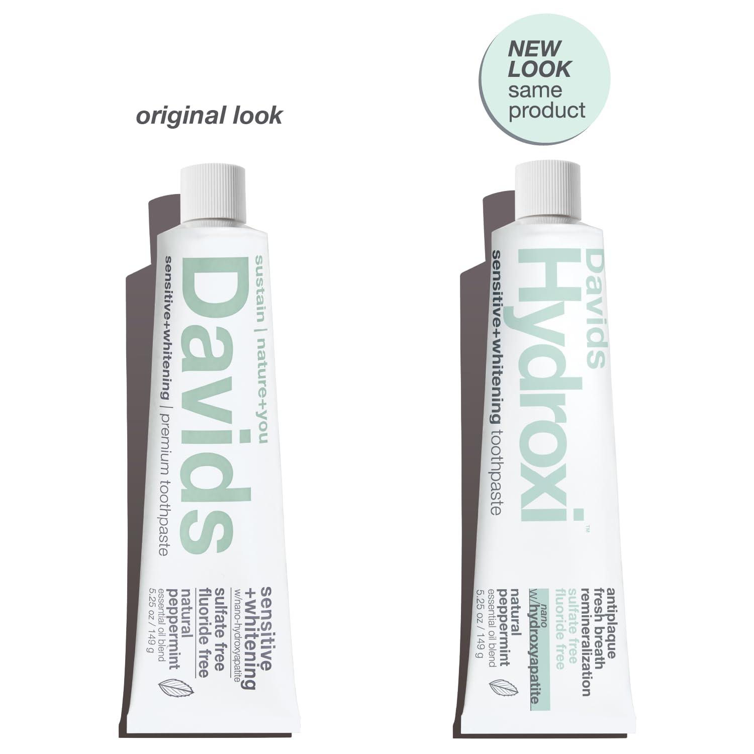 Davids Davids Hydroxi Fluoride Free Nano Hydroxyapatite Toothpaste for Remineralizing Enamel & Sensitive Relief, Whitening, Antiplaque, SLS Free, Natural Peppermint, 5.25oz, Made in USA