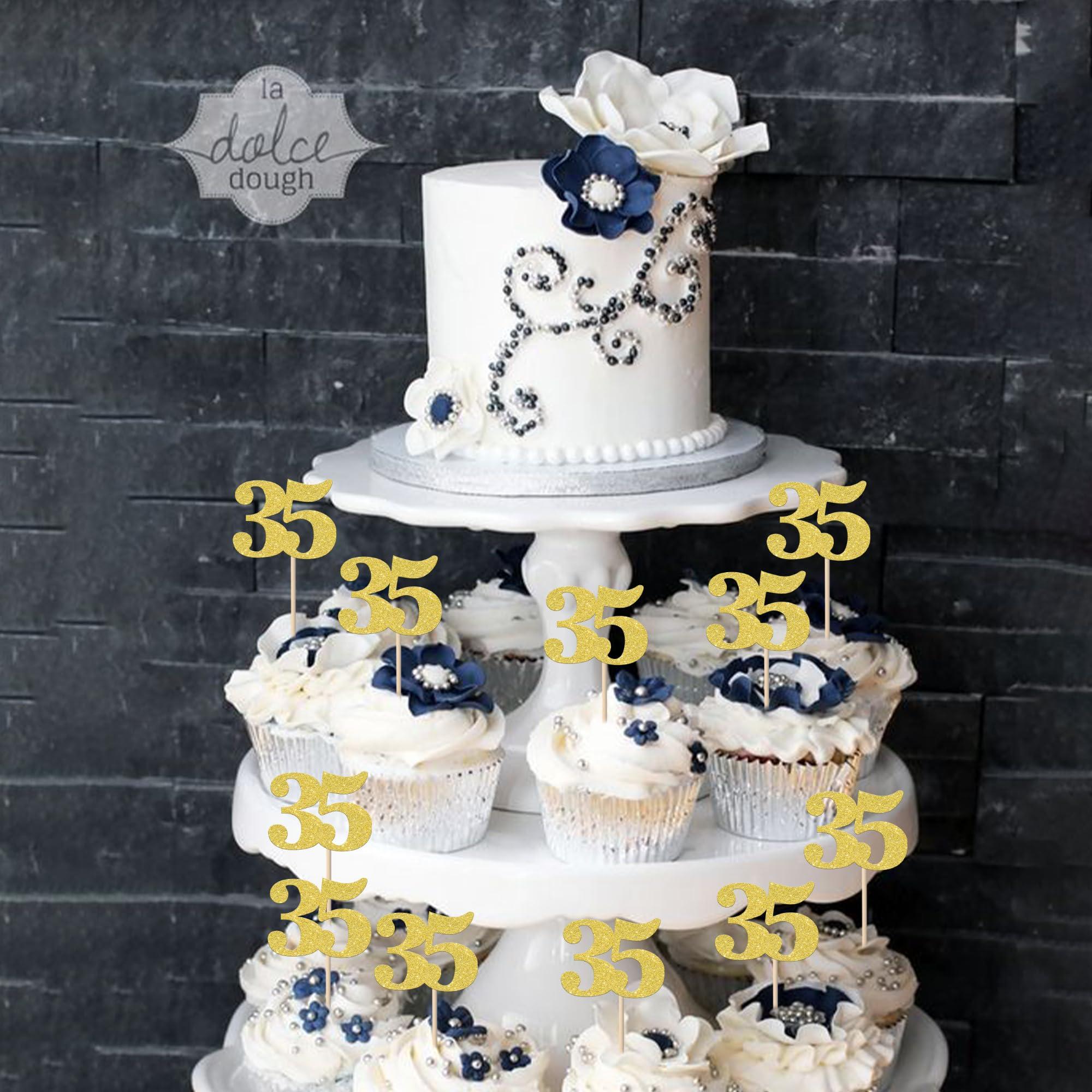 ZHUOWEISM 30 PCS Number 35 Cupcake Toppers Glitter Cheers to 35 years Old Birthday Cupcake Picks 35th Birthday Wedding Anniversary Party Cake Decorations Supplies Gold