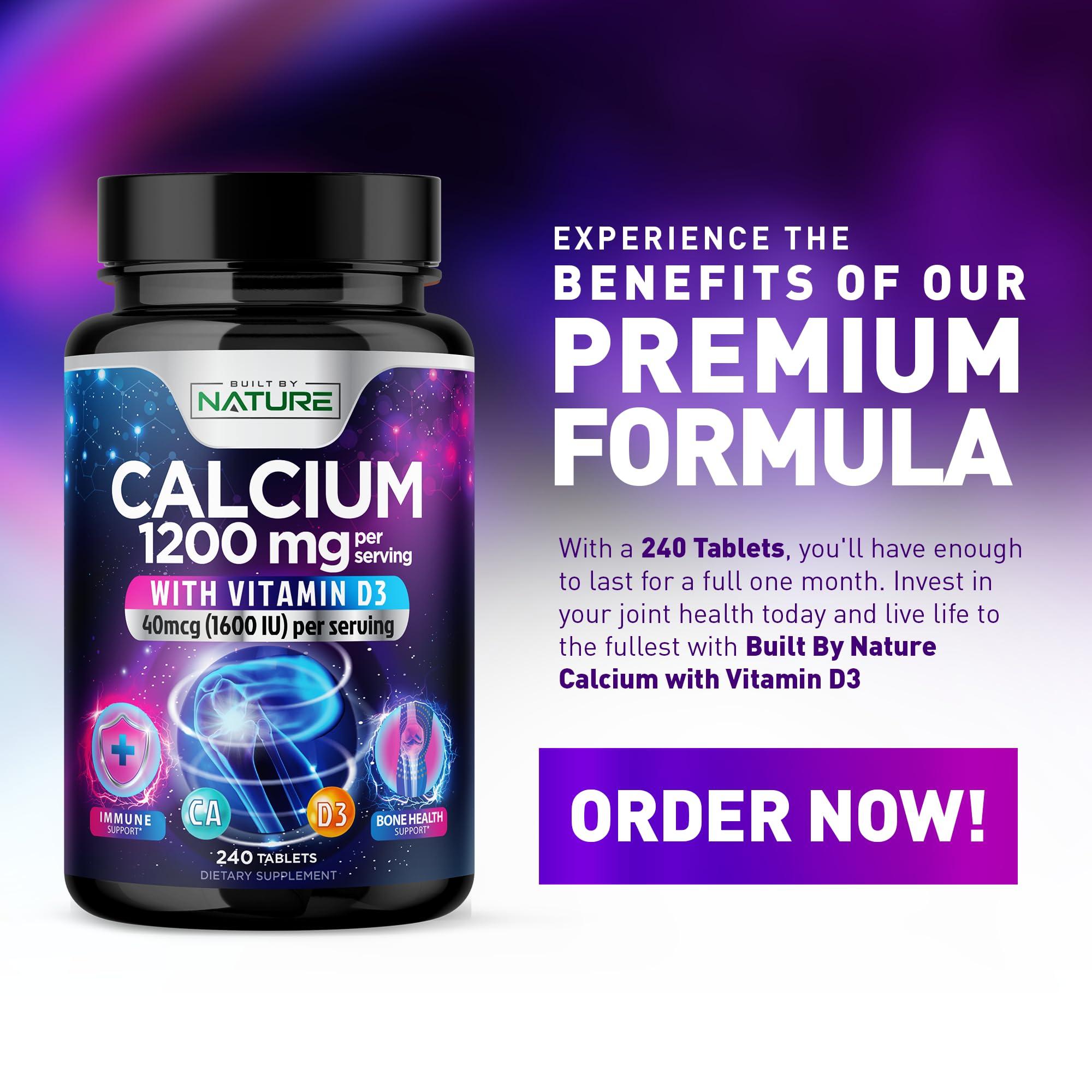 Built by Nature Calcium 1200mg with Vitamin D3 for Best Absorption - Advanced Bone Support Supplement, 1200 mg Calcium Carbonate & 1600 IU Vitamin D3, Slow Release for Immune Support, Easy to Swallow, 240 Tablets
