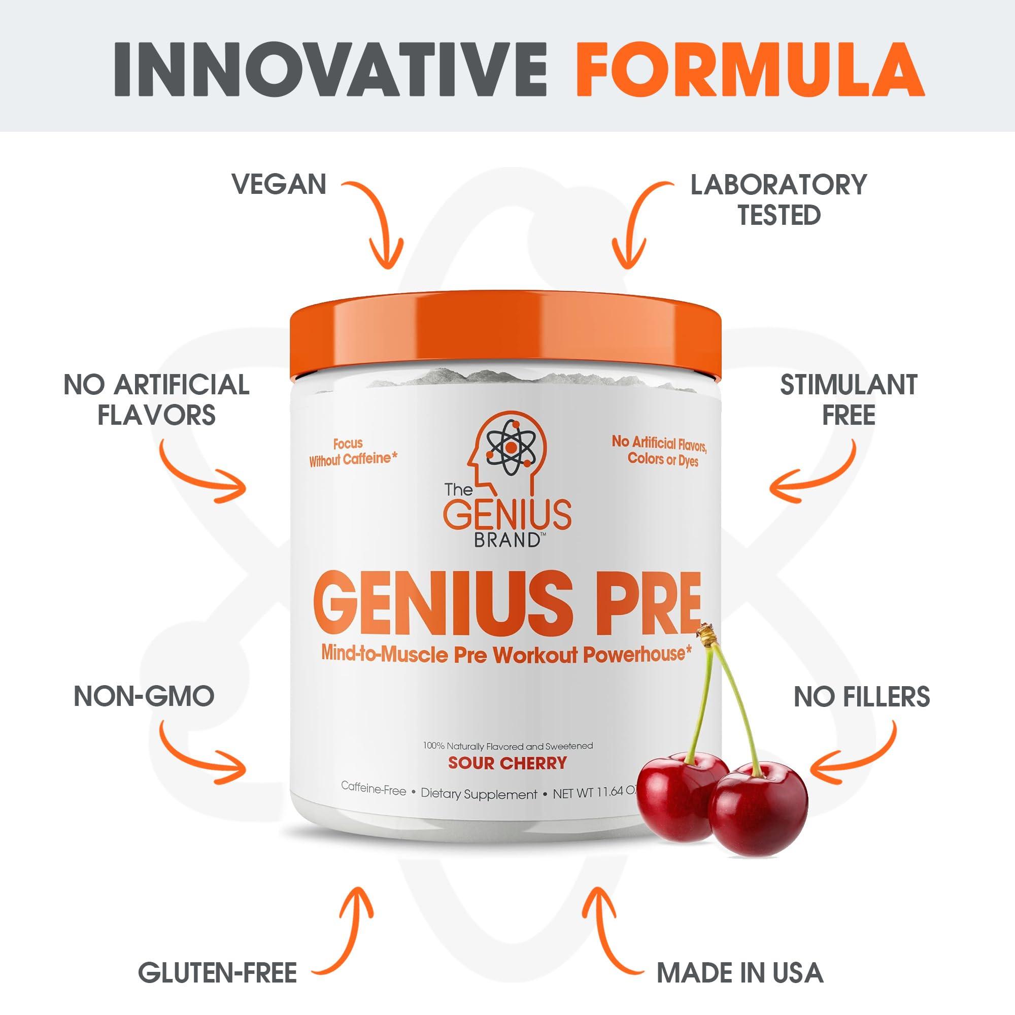 The Genius Brand Genius Energized Pre Workout Powder, Sour Cherry - Caffeine Free Pre-Workout Booster Supplement with Beta Alanine & Alpha GPC - No Artificial Sweetener or Dyes