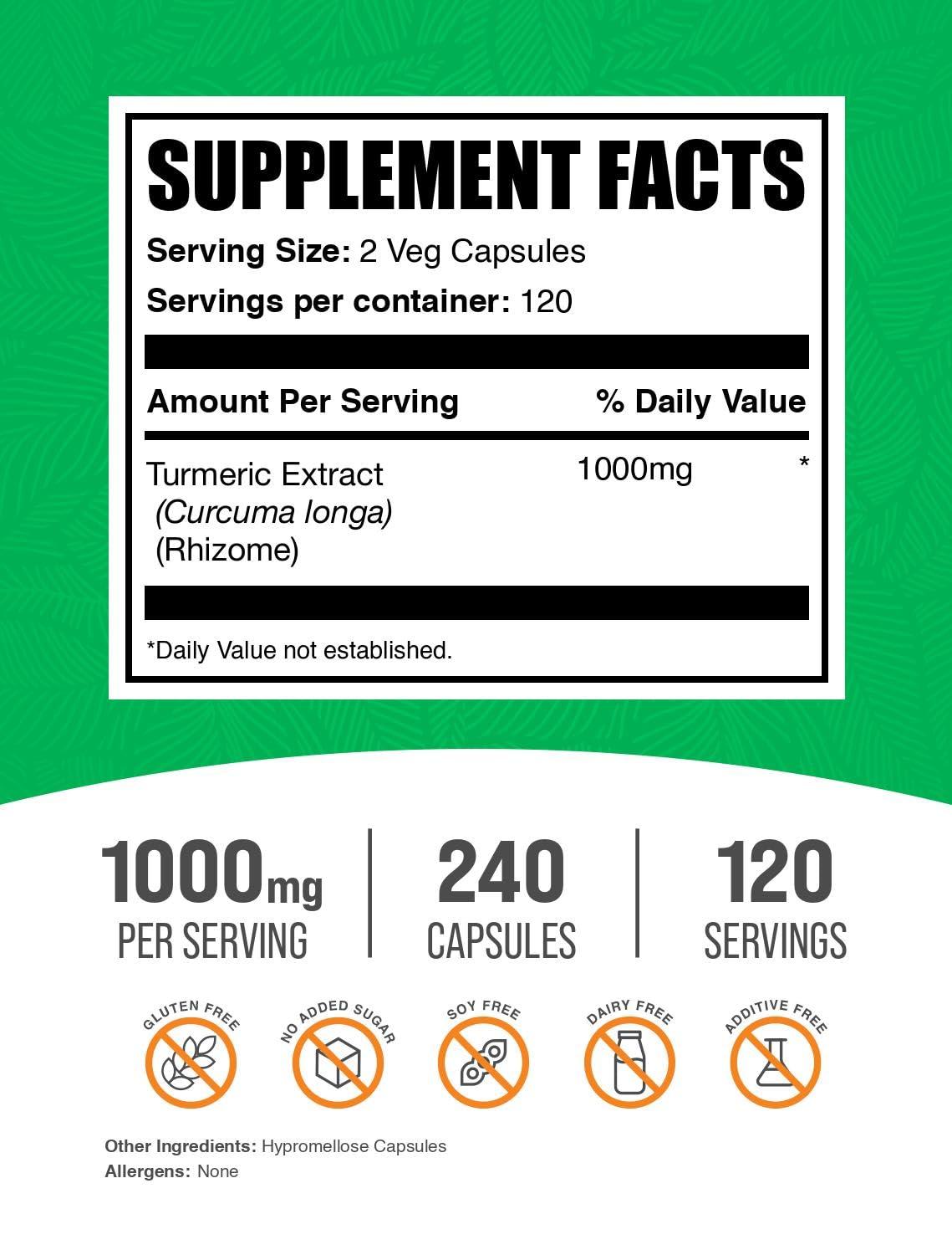 BULKSUPPLEMENTS.COM BulkSupplements.com Turmeric Extract Capsules - Turmeric Supplement, Turmeric Curcumin Supplement 1000mg - Gluten Free, 2 Capsules per Serving, 240 Veg Capsules (Pack of 1)