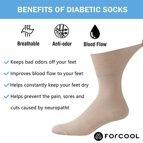 Forcool Forcool Diabetic Socks Wide, Men's Women's Loose Fit Non Binding Top Cushioned Edema Socks for Better Circulation Crew Dress Cotton Socks with Seamless Toe, 6 Pairs Beige Large