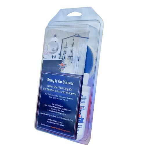 BRING IT ON! IT REALLY WORKS! Bring It On Cleaner Water Spot Polishing Kit | For Shower Glass and Windows | Tile and Grout Polishing | Included Drill Scrub Brush, Microfiber, 8 ounces Water Spot Remover