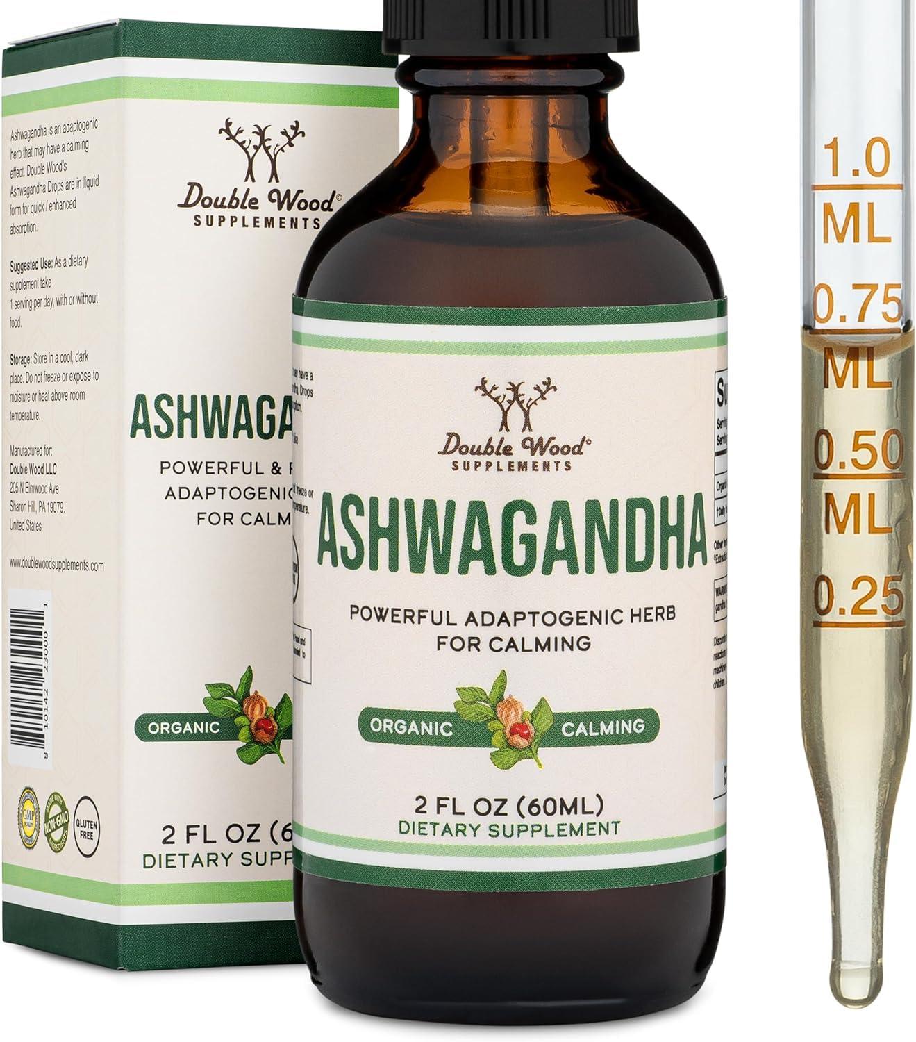 Double Wood Supplements Ashwagandha Organic Drops for Stress Relief (1,200mg, 60 Servings) Ashwagandha Tincture for Adrenal Support and Cortisol Manager (Vegan Safe, Gluten Free, Non-GMO) by Double Wood