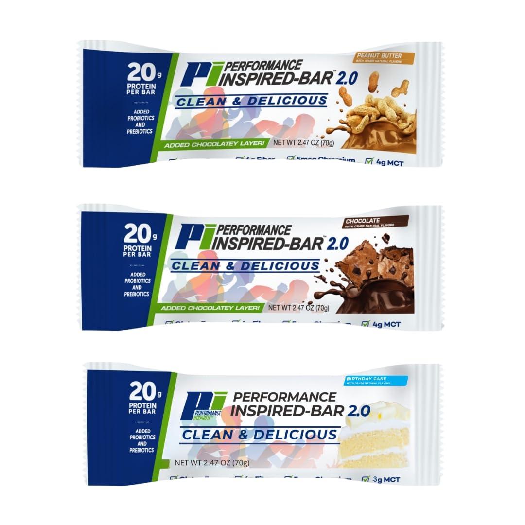 PERFORMANCE INSPIRED Performance Inspired Nutrition Protein Bar 2.0  20G Protein, 6G Fiber, 4G MCTs, 1 Billion CFU Probiotics  Gluten-Free  Chocolate Flavor  12 Count
