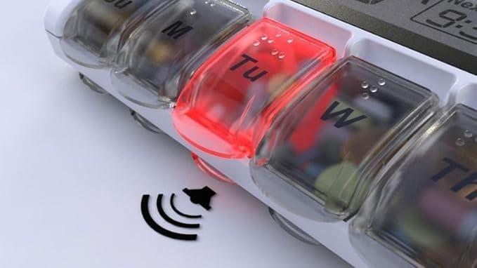 Med-Q Amazin Pill Dispenser with Beeping Reminder, Flashing Guides and Liberty Cloth