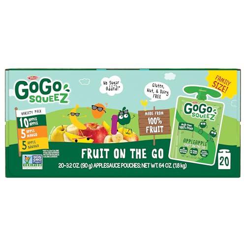 GoGo SqueeZ GoGo squeeZ Applesauce and Fruit Puree Variety Pack, Apple, Mango & Banana, 3.2 oz (Pack of 20), Unsweetened Fruit Snacks for Kids, Gluten Free, Nut Free and Dairy Free, BPA Free Pouches