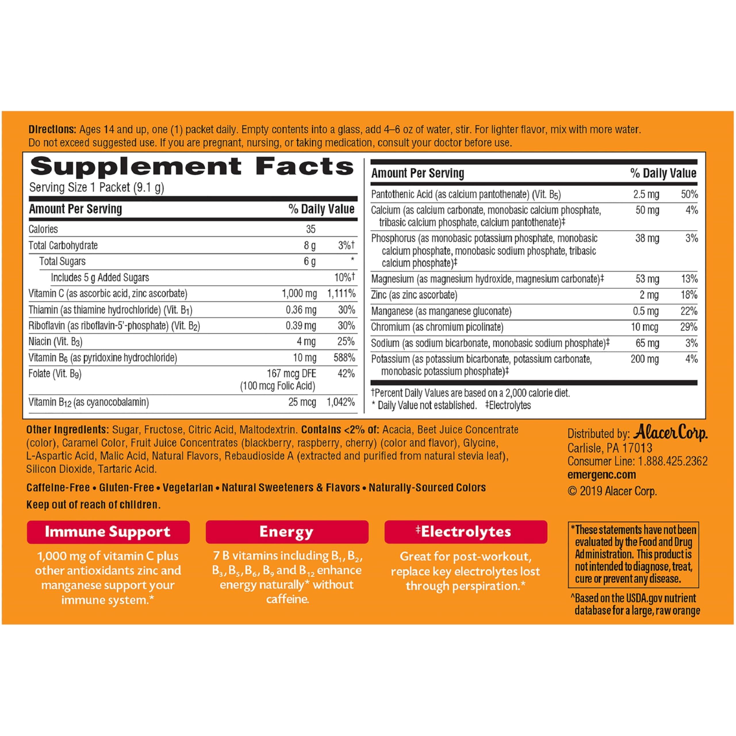Emergen-C Emergen-C 1000mg Vitamin C Powder, with Antioxidants, B Vitamins and Electrolytes, Vitamin C Supplements for Immune Support, Caffeine Free Drink Mix, Raspberry Flavor - 60 Count/2 Month Supply