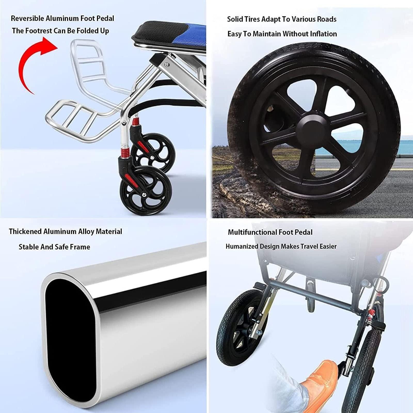 BLOHDI BLOHDI Folding Wheelchair, Ultra Lightweight Folding Wheelchair, Aluminium Alloy Portable Transport Wheelchair Trolleys for Elderly Aircraft Travel
