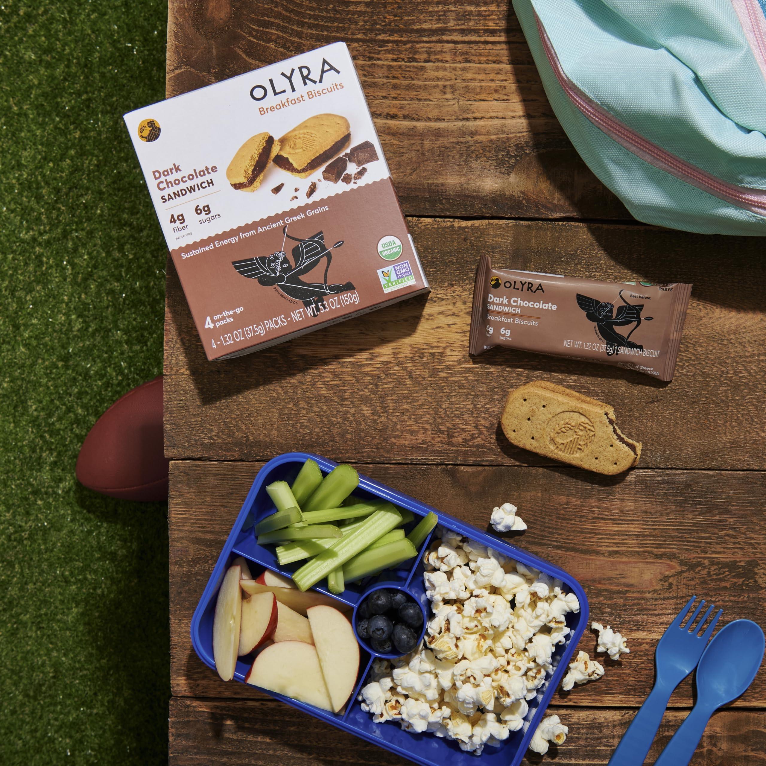 Olyra Ancient Greek Grains Olyra Dark Chocolate Sandwich Breakfast Biscuits, Healthy Snacks for Kids and Adults, Low Sugar, High Fiber, Vegan Organic Cookies, with Ancient Greek Grains, USDA Certified Organic, Non GMO, 4 Packs