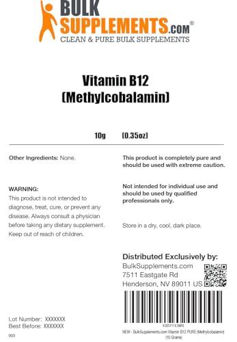 BulkSupplements BulkSupplements.com Pure Vitamin B12 Methylcobalamin Powder - Vitamin B12 Supplements, Essential B Vitamin - Pure Product, Multiple Servings, 10g (0.35 oz) (Pack of 1)