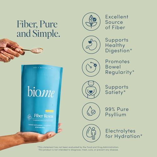 Bio.me Fiber Rescue - Psyllium Husk Powder for Digestive Health & Bloating Relief, Sugar Free Lemonade Flavored Prebiotic Soluble Fiber Powder, Non-GMO Fiber Supplement Powder, Gluten Free - 30 Servings