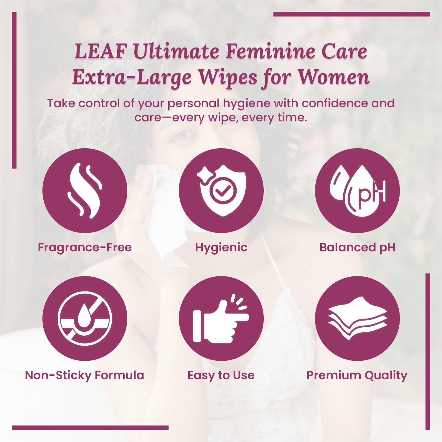 LEAF LEAF Wet Wipes Ultimate Feminine Care, Large Wipes for Women, pH Balance Wipes, Natural Ingredients, Travel-Friendly Personal Cleansing Wipes, Eco-Friendly | Color - Purple | Pack of 5-20 Counts |
