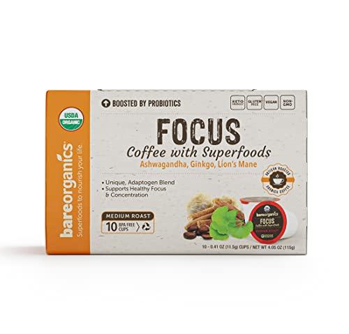 BareOrganics BareOrganics Focus Coffee Pods With Superfoods & Probiotics | Keurig K-Cup Compatible | USDA Certified Organic, Vegan, Non-GMO & Recyclable Single Serve 10ct (Pack of 6)