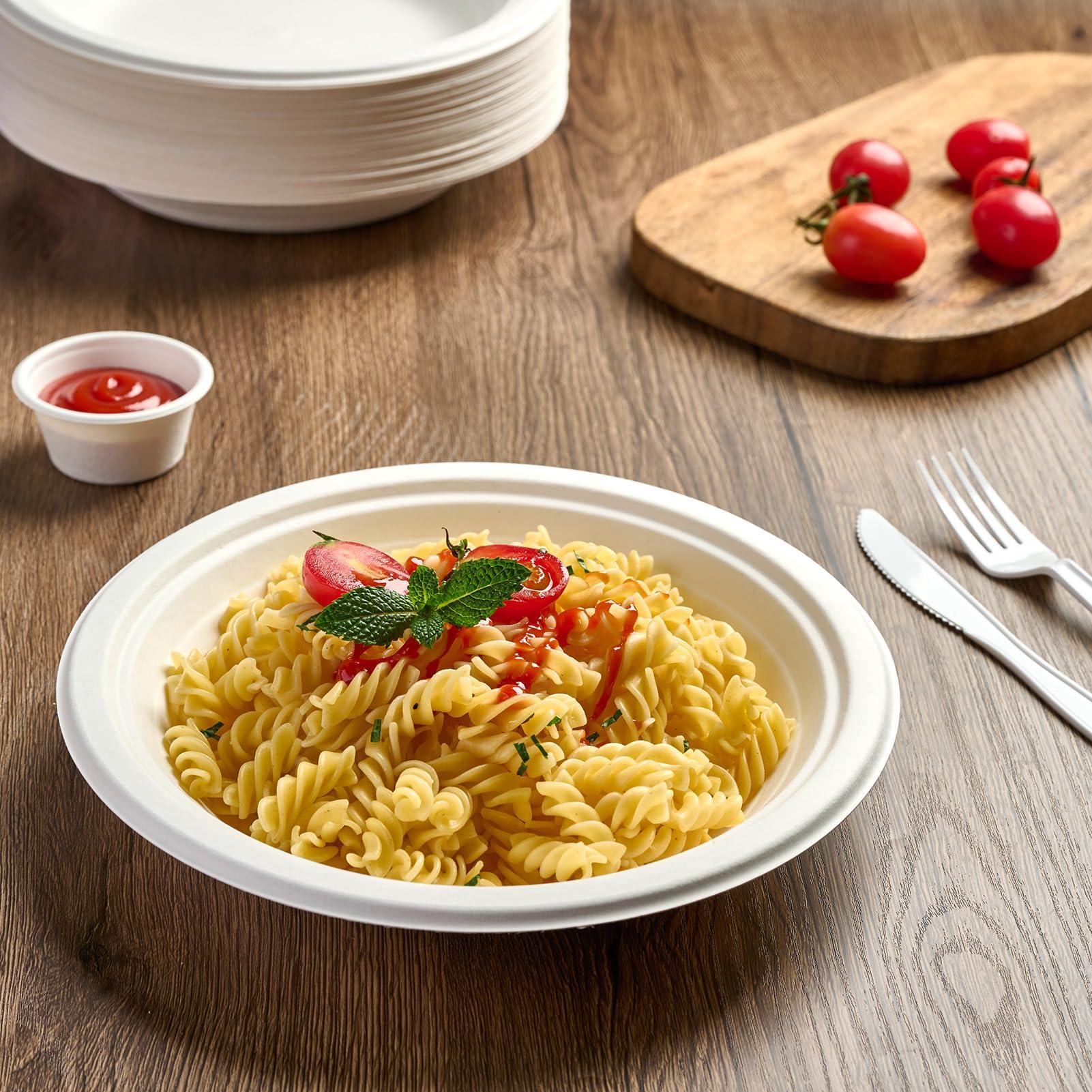 ECOLipak ECOLipak 125 Pack Paper Plates 9 inch 100% Compostable Plates Heavy-Duty Dinner Plates Disposable Bagasse Deep Dish Natural Biodegradable Eco-Friendly Sugarcane Plates(White)