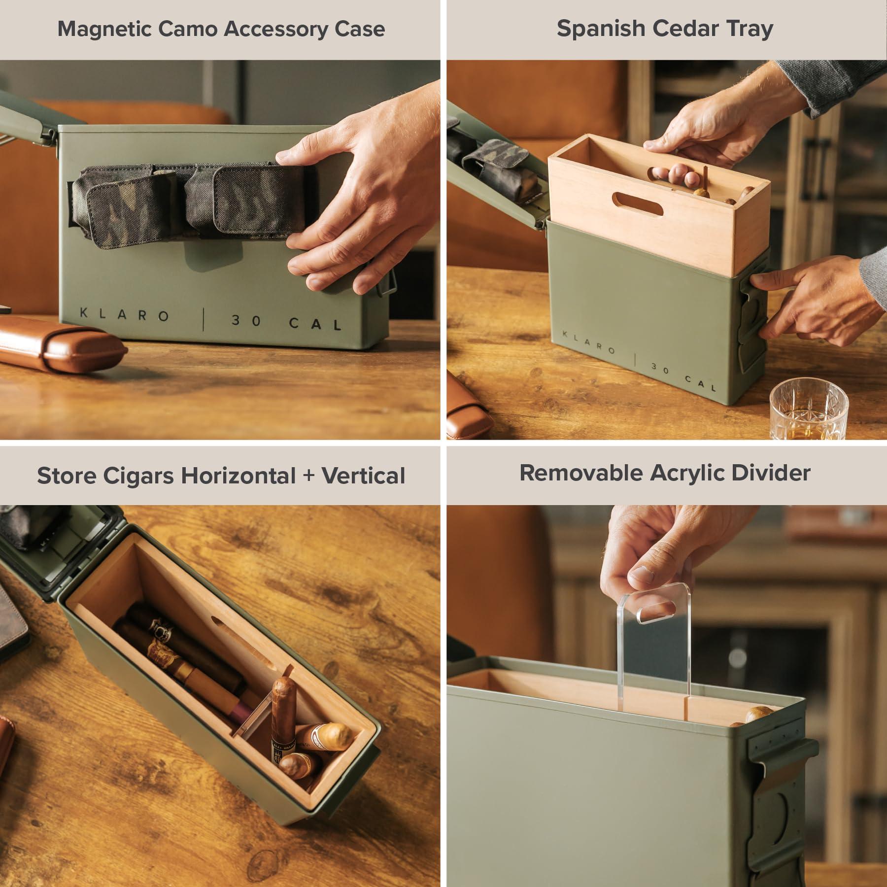 CASE ELEGANCE CASE ELEGANCE - The Smoke Can 30CAL Humidor, Thick Metal Ammo Box, Spanish Cedar Shelves, Army Green Finish, Magnetic Accessory Case - Holds 15-30 Cigars