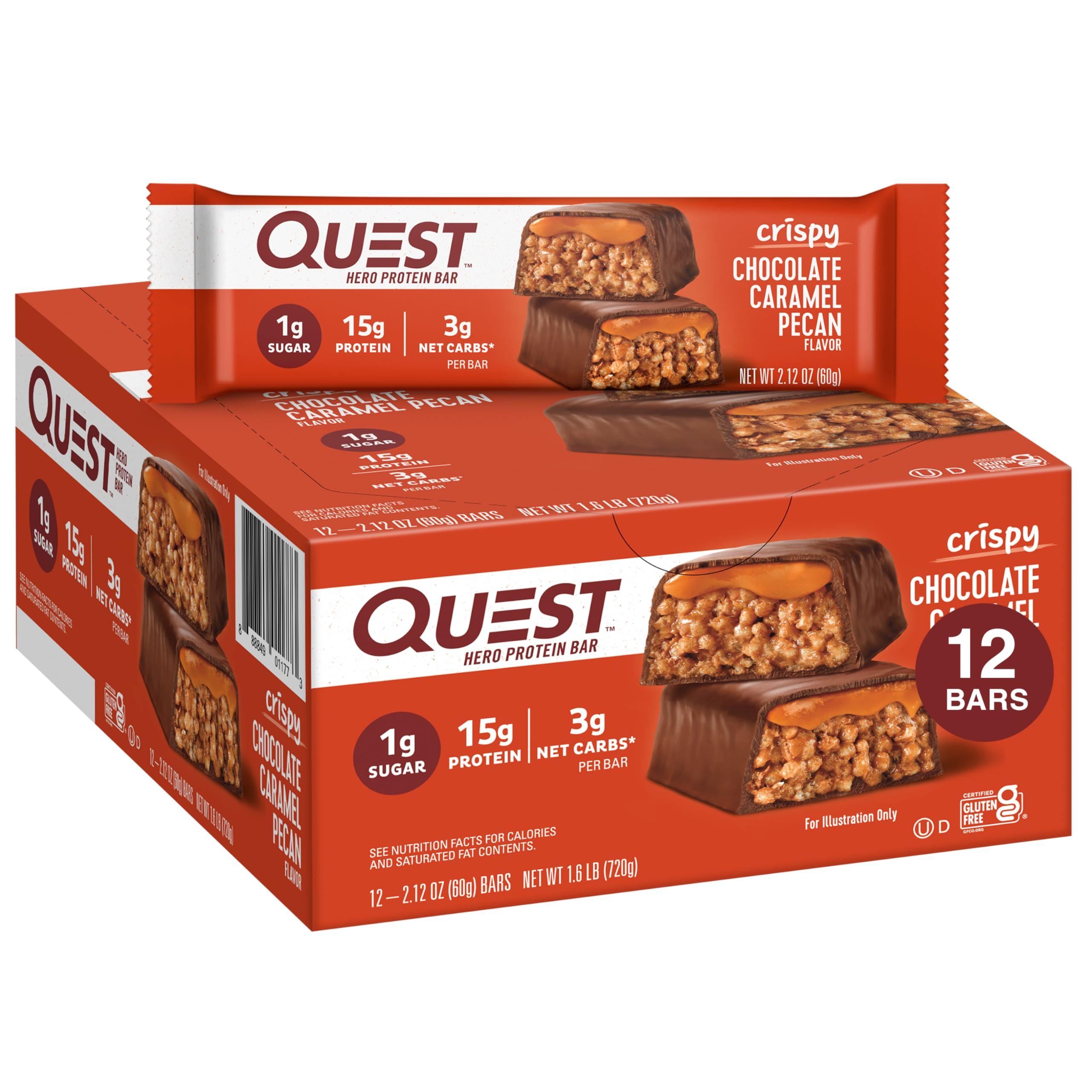 Quest Nutrition Quest Nutrition Crispy Chocolate Caramel Pecan Hero Protein Bar, 15g Protein, 1g Sugar, 3g Net Carb & Lemon Cake Protein Bars, High Protein, Low Carb, Gluten Free, 12 Count