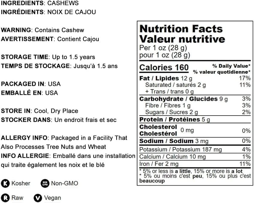 Food to Live Food to Live - Cashew Nuts, 18 Pounds Non-GMO Verified, Large Size W240, Whole Nuts, Unsalted, Kosher, Raw, Vegan, Bulk