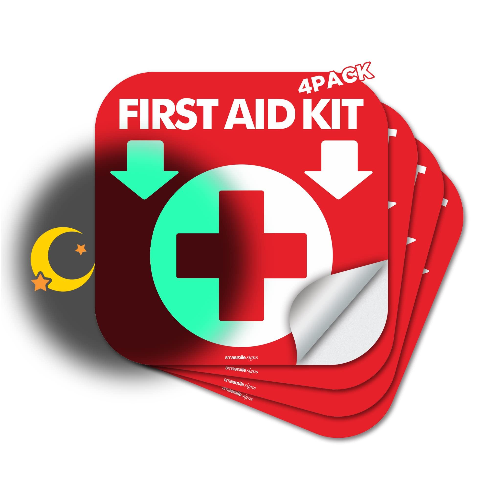 SMASMILE First Aid Kit Sign Glow in The Dark 4 Pack 6\"x 6\"First Aid Kit Inside Signs Stickers Photoluminescent, Glows for Up to 8 Hours