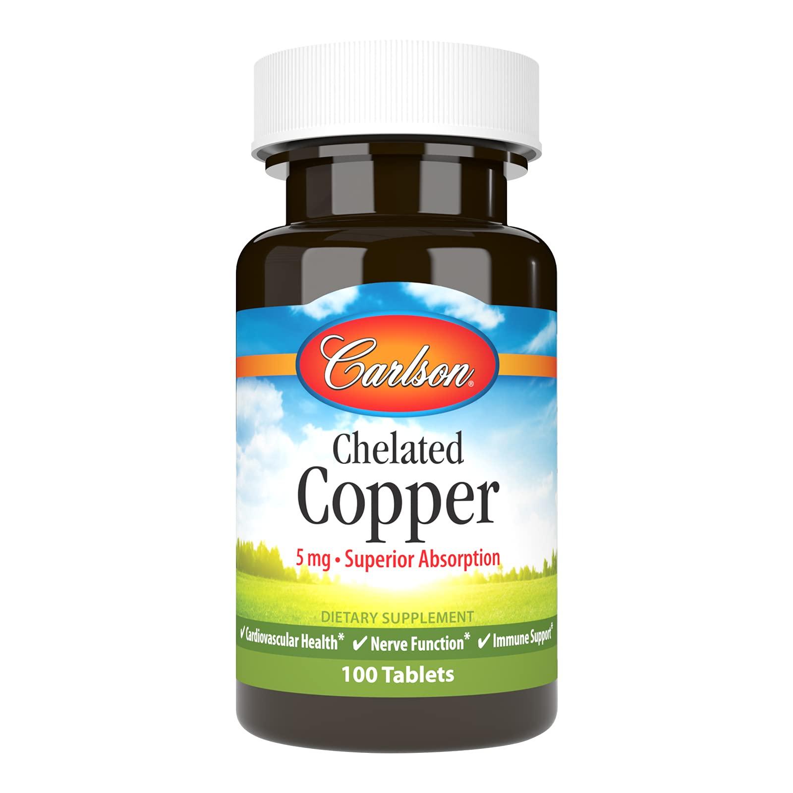 Carlson Carlson - Chelated Copper, 5 mg, Superior Absorption, Cardiovascular Health, Nerve Function & Immune Support, 100 Tablets