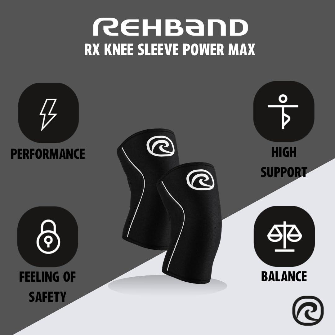 Rehband Rehband Rx Knee Sleeve Power Max, 1 piece, knee support 7mm neoprene, strongman, heavy lifting, longest knee sleeve, Colour:Black, Size:XS