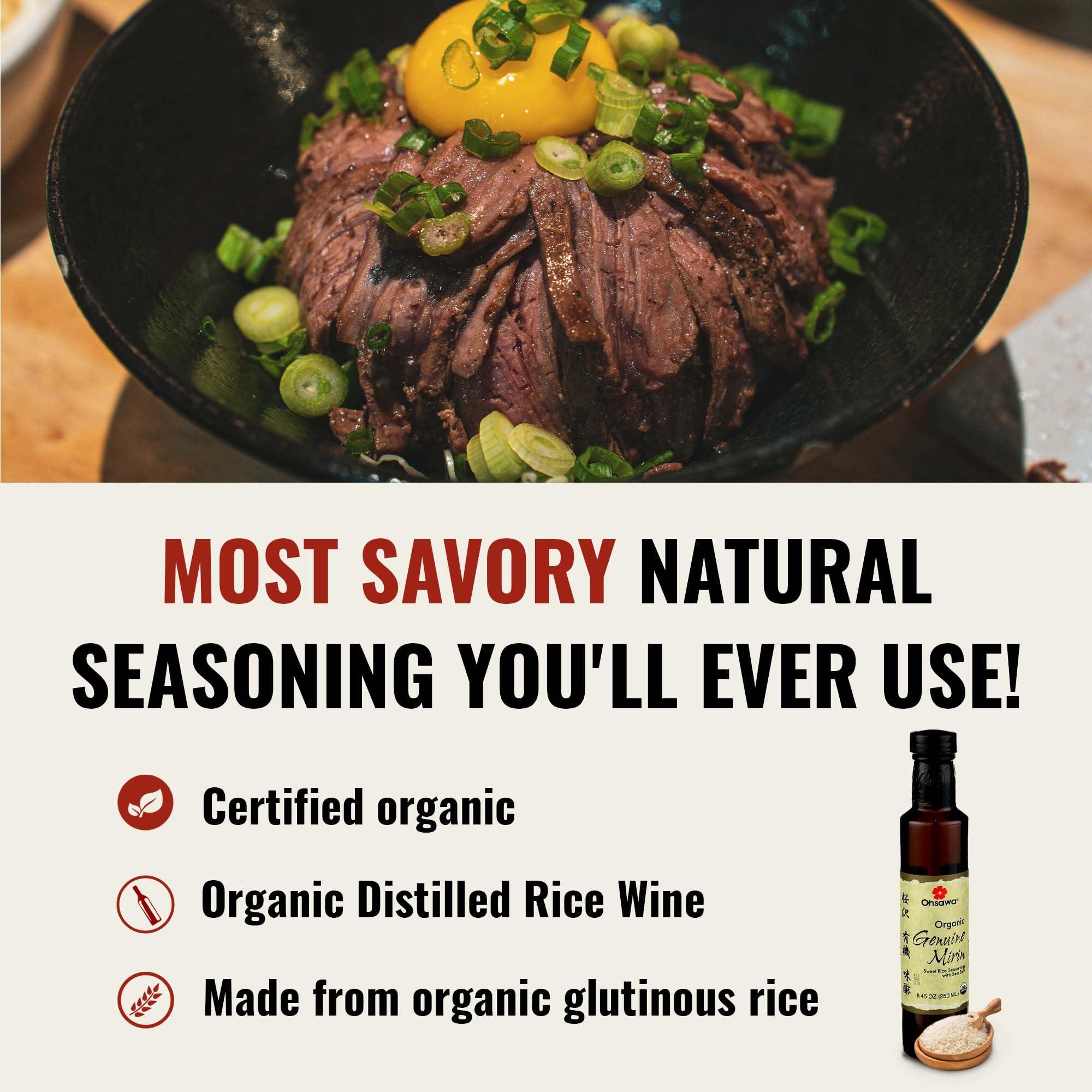 OHSAWA® Ohsawa - Genuine Mirin, Authentic Japanese Sweet Cooking Wine, Vegan, Non-GMO, USDA Certified, Ideal for Sauces, Marinades - 8.45 oz