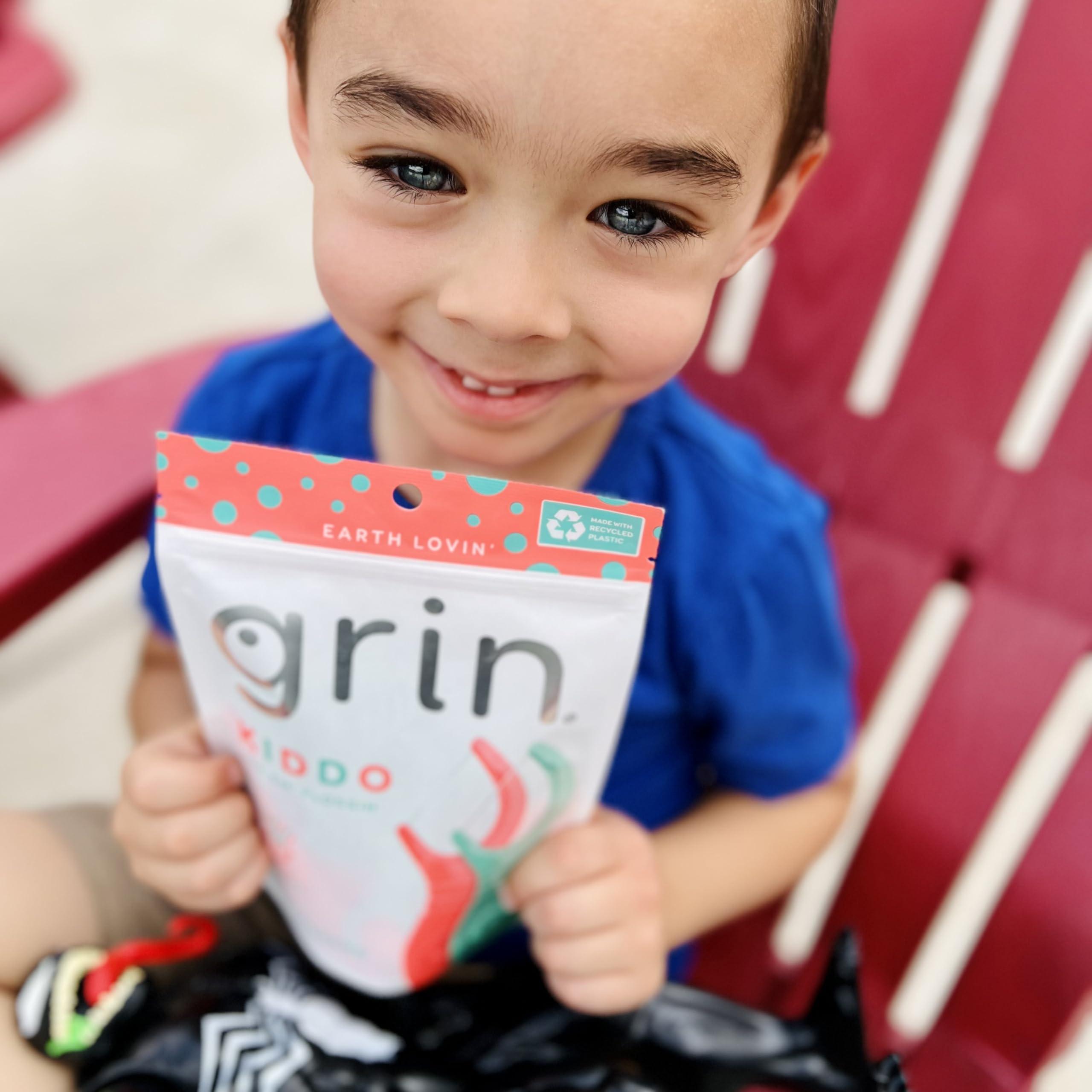 Grin GRIN Kiddo Flossers, Berry Awesome Flavor, Recycled Plastic, Jumbo Grip, Get Your KIDDOS Flossin Early, Larger Floss Head, Child Safe! 80 Count, Floss Picks, Dental Flossers (Pack of 2)