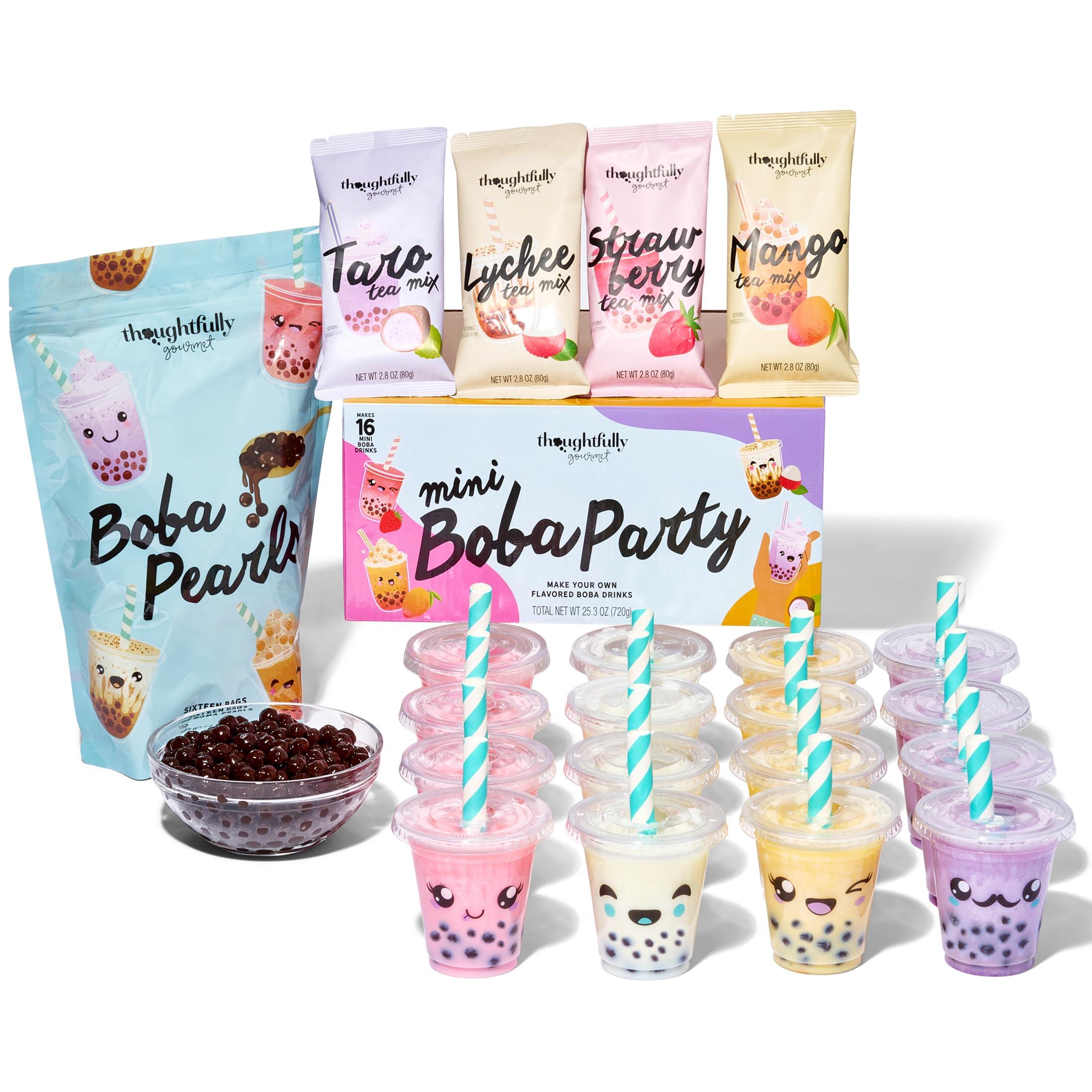 Thoughtfully Thoughtfully Gourmet, Mini Boba Pearl Party Set, Makes 16 Tasting Portions of Bubble Tea, Includes 2 Flavors, Cups, Lids, Straws, & Cup Stickers