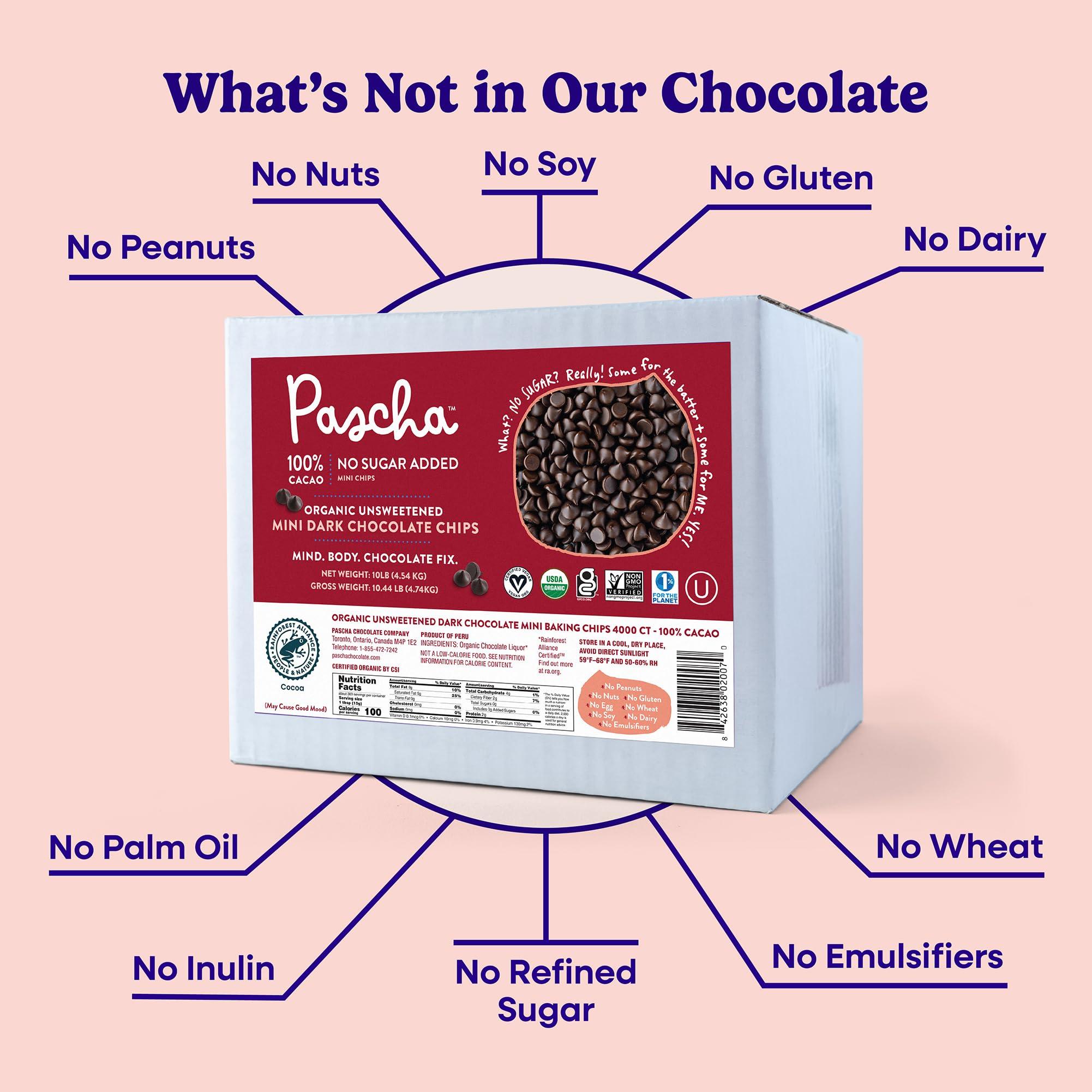 Pascha Pascha Organic Mini Unsweetened Dark Chocolate Baking Chips 100% Cacao, UTZ, Gluten Free, Non GMO, No Added Sugar, Bulk