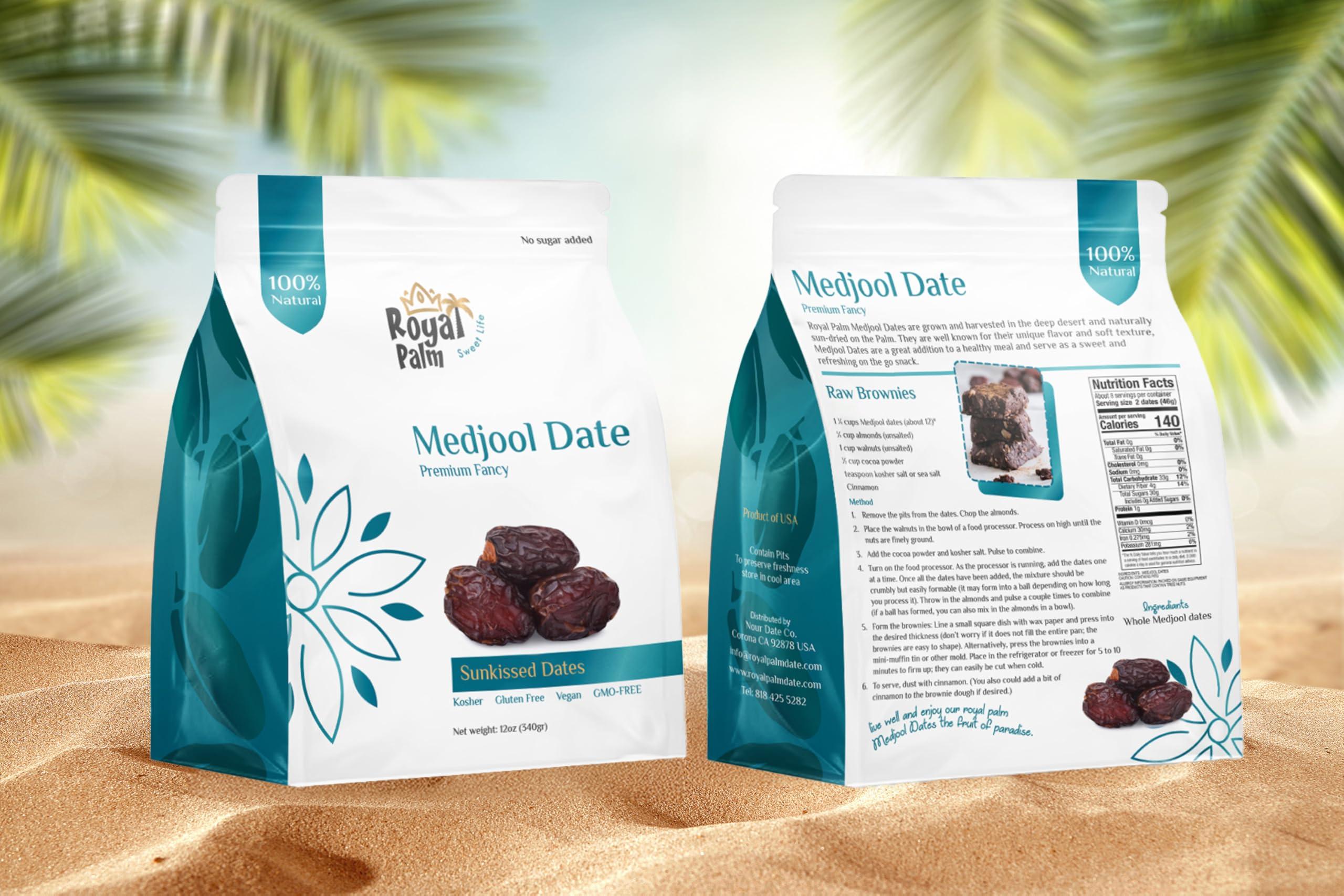 Royal Palm Premium Medjool Dates by Royal Palm 12oz Bag of Pitted Jumbo Dates Natural Sweetener and Fresh Dried Fruit Healthy Vegan Snack & Natural Energy Boost Non-GMO, Kosher Premium Date Fruit