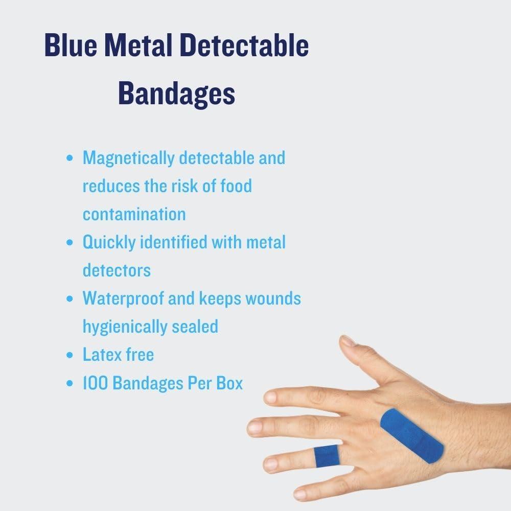 PackagingSuppliesByMail Detectable Metal Bandages, Cloth Bandaid Strip, Blue, 1x3 Inch, 100 Pack