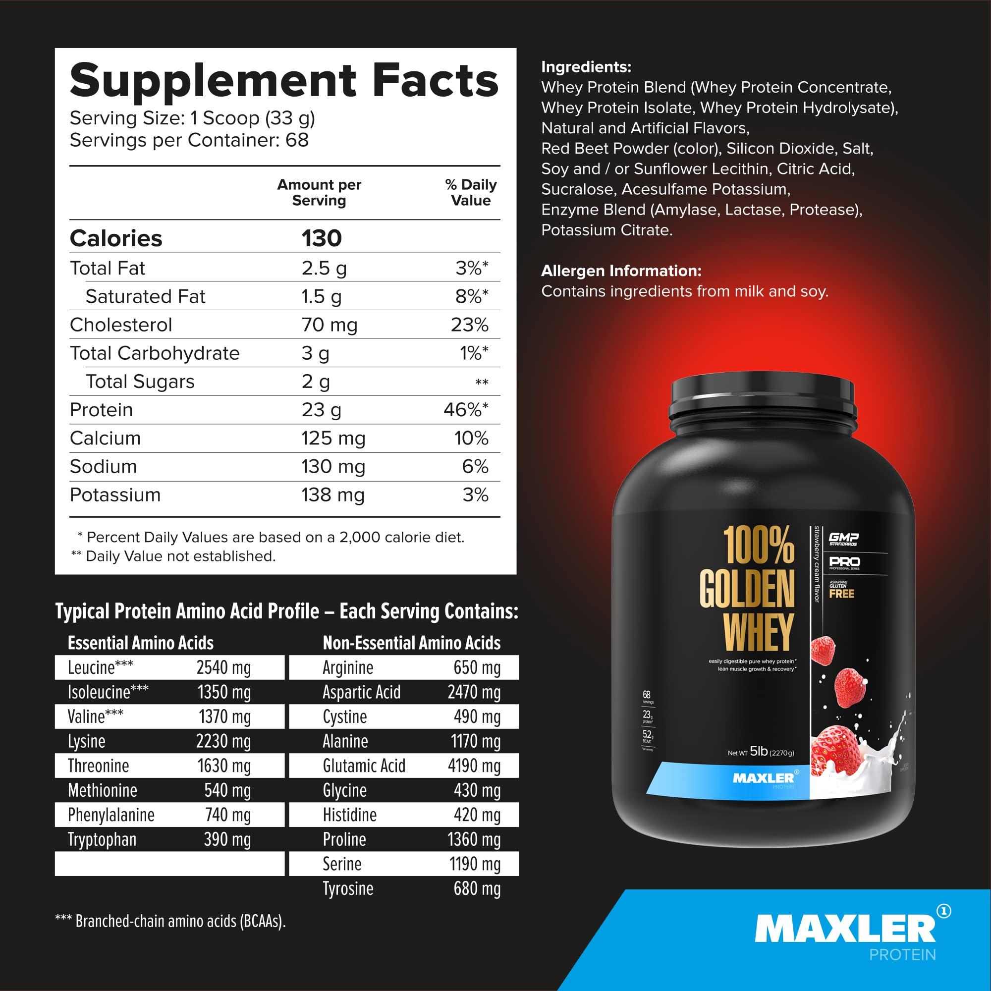 Maxler Maxler 100% Golden Whey Protein - 23g of Premium Whey Protein Powder per Serving - Pre, Post & Intra Workout - Fast-Absorbing Whey Hydrolysate, Isolate & Concentrate Blend - Strawberry Cream 5 lbs