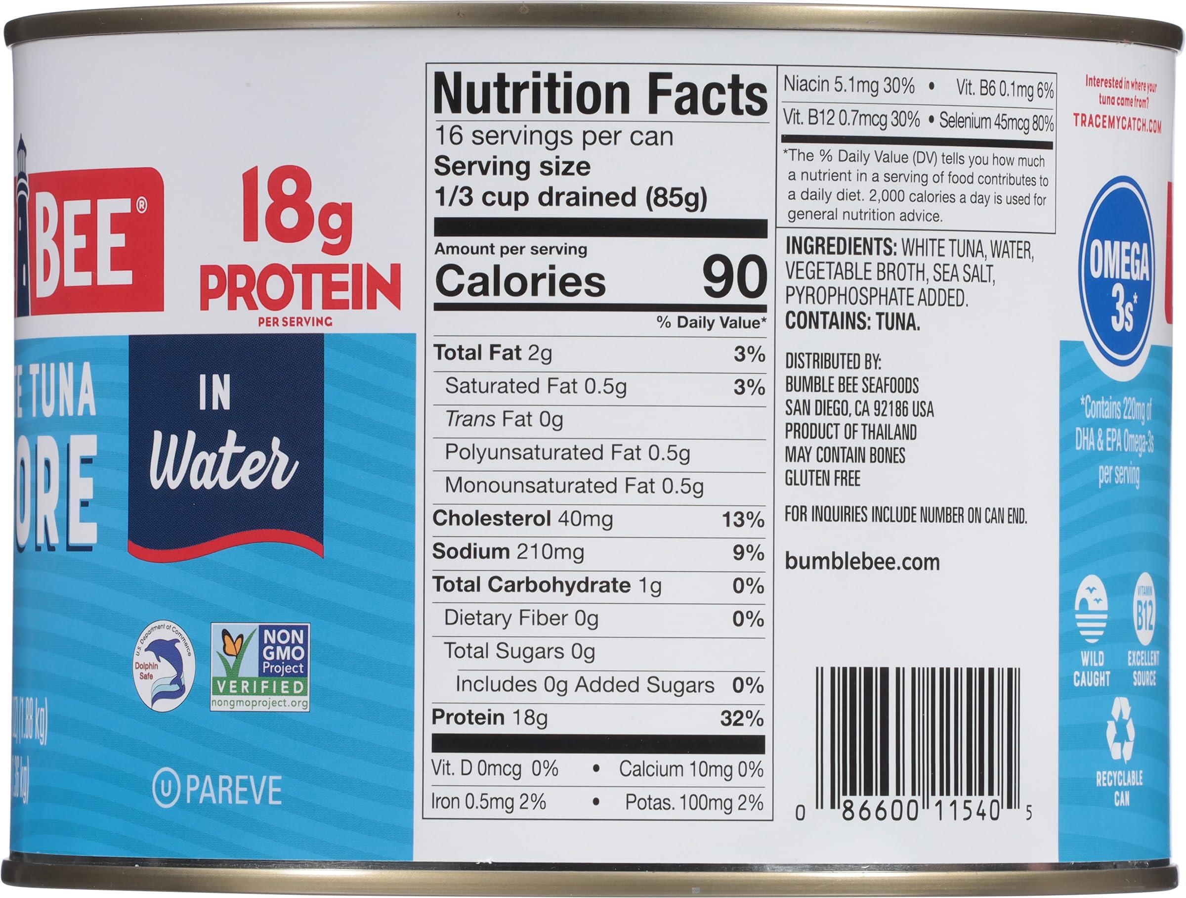 Bumble Bee Bumble Bee Chunk White Albacore Tuna in Water, 66.5 oz Bulk Food Service Can - Wild Caught Tuna - 20g Protein per Serving, High in Omega-3s - Non-GMO Project Verified, Gluten Free, Kosher