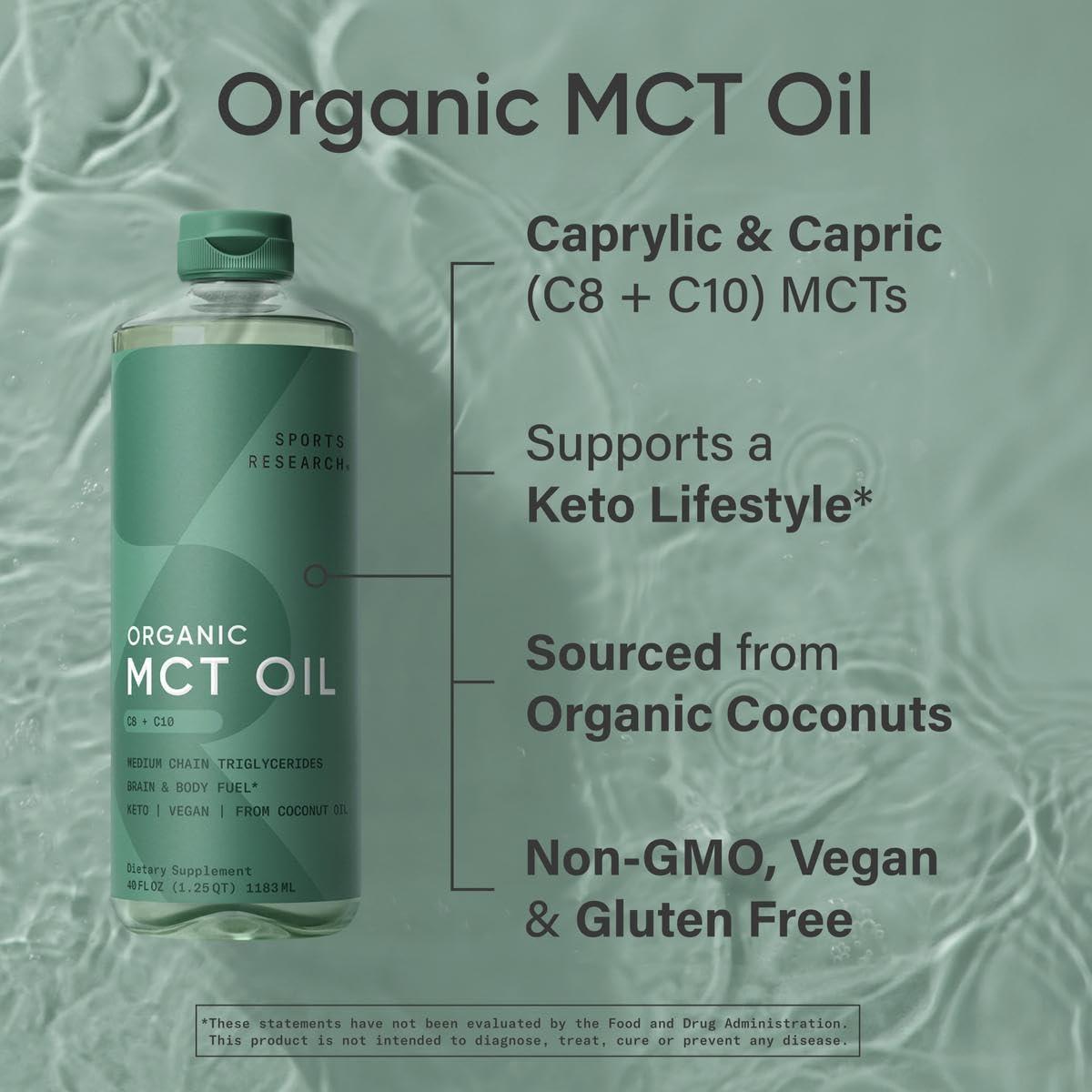 Sports Research Sports Research Organic MCT Oil - Keto & Vegan MCTs C8, C10 from Coconuts - Fatty Acid Brain & Body Fuel, Non-GMO & Gluten Free - Flavorless Oil, Perfect in Coffee, Tea & Protein Shakes - 40 oz