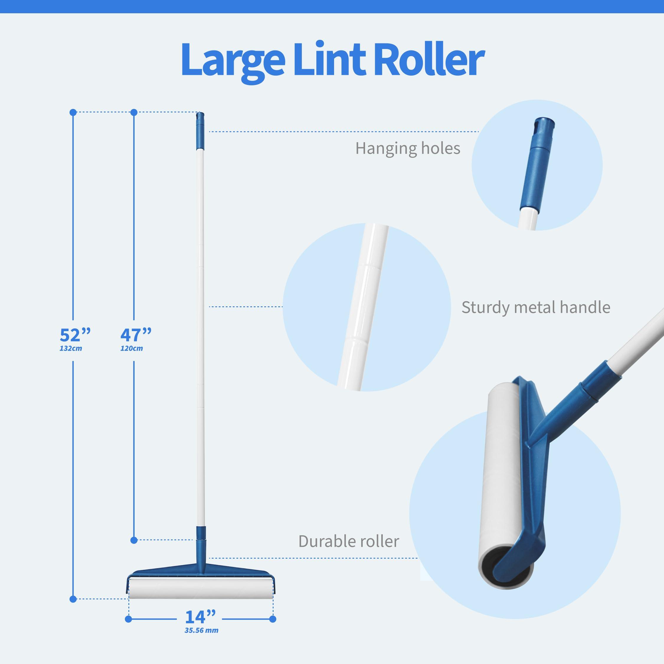 cuddo Extra Large Lint Roller, 14-Inch Ultra-Wide Lint Rollers for pet Hair Extra Sticky, 48 inches Long Pet Hair Removal Tool No Waist Bending, 300 Lint Roller Refills Sheets, Extra Sticky Lint Remover