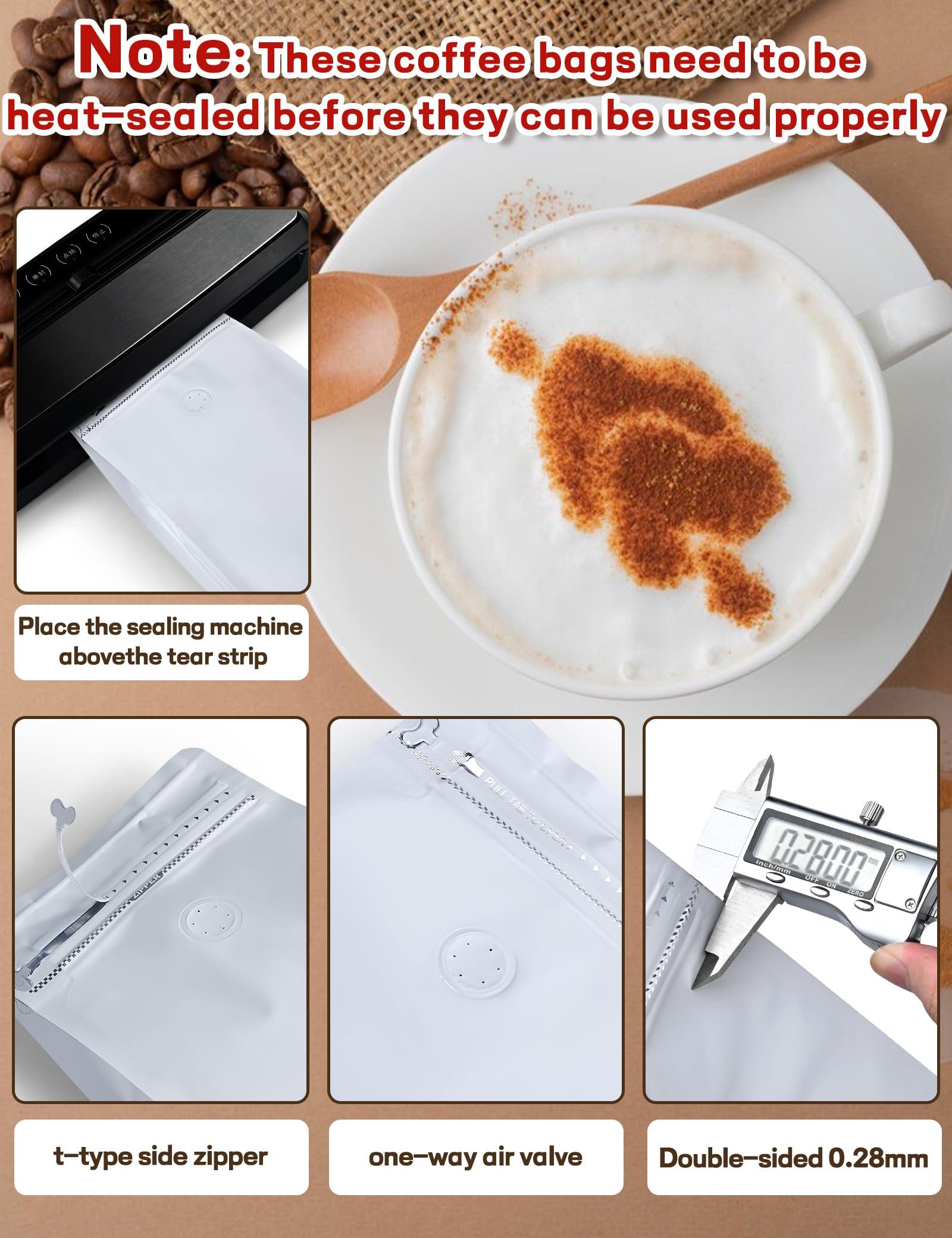 FireKylin 50 PCS Coffee Bags with Valve, (16 oz, 1 lb) Stand Up Pouches, Resealable coffee bean bags, Vented food storage bags Side Zipper(White)