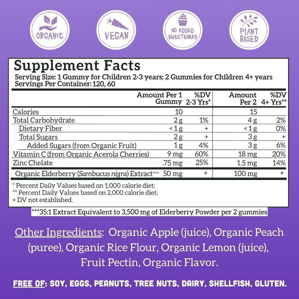 Llama Naturals Llama Naturals Real Fruit Sambucus Elderberry Gummies for Kids, No Added Sugar Cane, Vegan, Organic Toddler Immune Support, Zinc & Vitamin C Children 120 Count (2-4 Month Supply)
