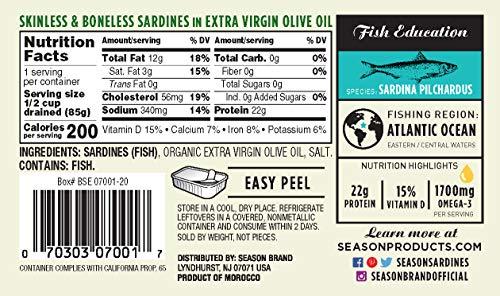 SEASON Season Sardines in Extra Virgin Olive Oil – Skinless & Boneless, Wild Caught, 22g of Protein, Keto Snacks, More Omega 3's Than Tuna, Kosher, High in Calcium, Canned Sardines – 4.37 Oz Tins, 12-Pack