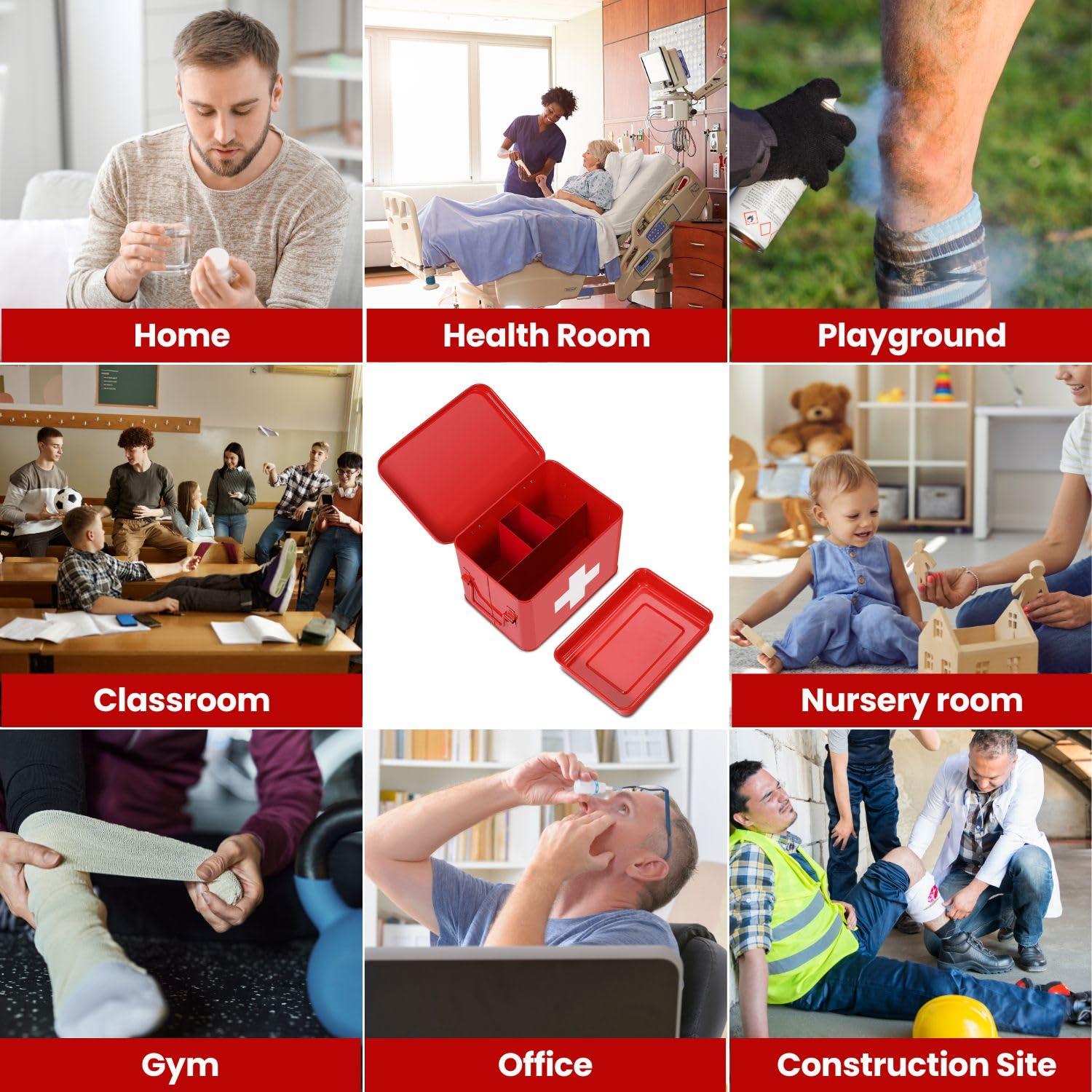 Flexzion Flexzion First Aid Box Organizer, Empty 8.5 Inch Red Vintage First Aid Kit Tin Metal Medical Box First Aid Storage Box Container Bins with Dividers, Removable Tray and Cross Logo