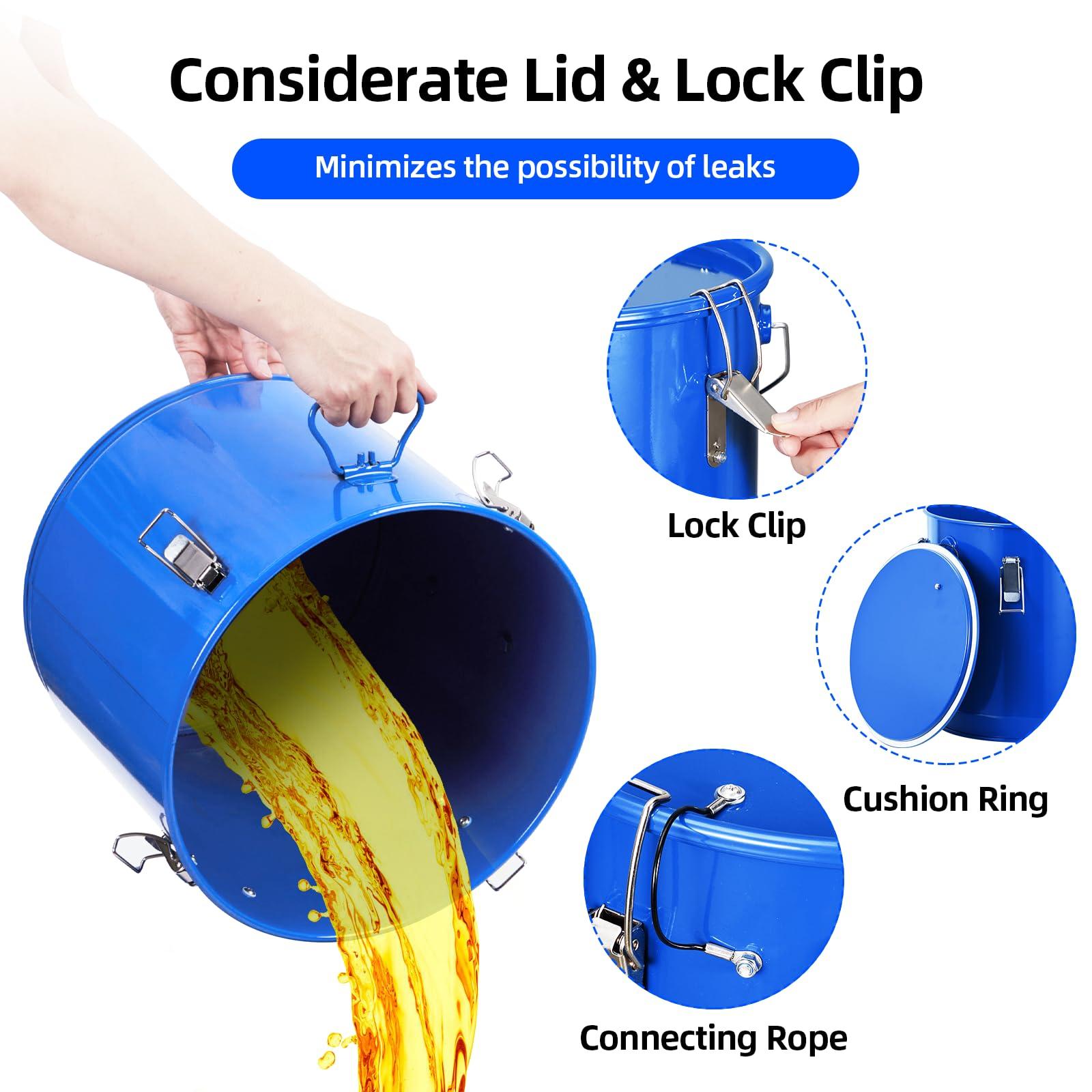 CuisinAid Fryer Grease Bucket 10 Gal, Oil Disposal Caddy, Steel Fryer Oil Transport Container with Rust-Proof Coating, Grease Can with Lid & Lock Clips & Filter Bag for Cooking Oil Filtering