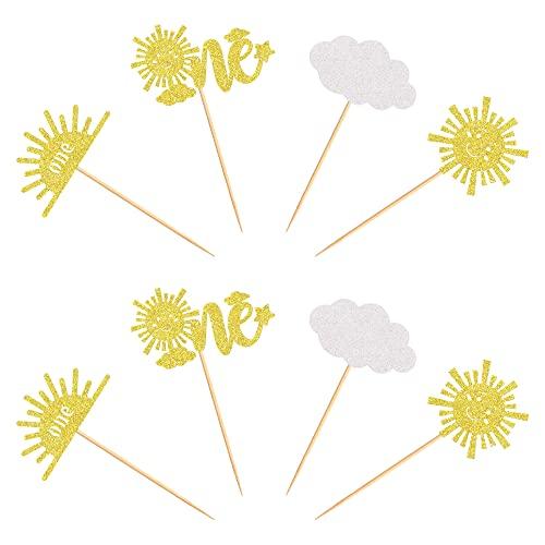 Cyodoos Cyodoos 24Pcs Sunshine One Cupcake Toppers Sun Simle Face Cloud You are My Sunshine First Birthday Cupcake Picks Baby Shower 1st Birthday Party Cake Decorations Supplies - Gold Glitter