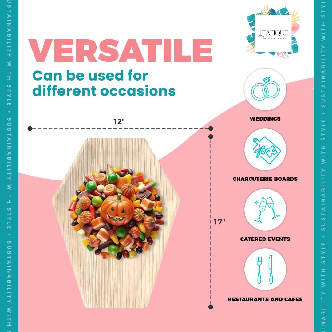 LEAFIQUE LEAFIQUE 17 x 12 Inch Coffin Shape Palm Leaf Trays (Pack of 10) Eco-Friendly Bamboo Disposable Charcuterie Boards, Halloween Party Serving Platters, 100% Compostable and Biodegradable