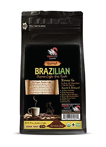 SWAN LIFE ESSENTIALS 100% brazilian coffee - BRAZILIAN GROUND COFFEE ORGANIC, 100% Arabica, Medium Roast, low acidity, Fair Trade, non gmo - organic ground coffee medium roast, 2 Bags (24 Oz)