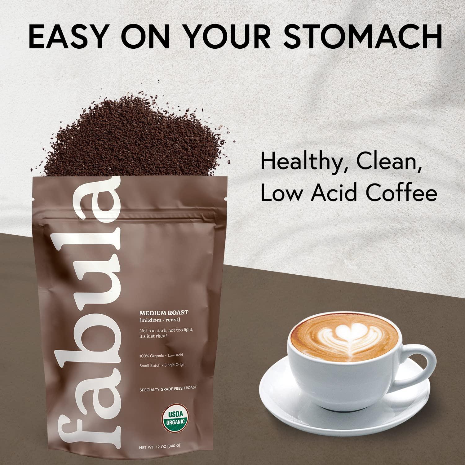 Fabula Fabula Low Acid Coffee, USDA Organic Ground Coffee Medium Roast - Non GMO - No Molds - Mycotoxins Pesticides Free - Single Origin Coffee - 12 oz